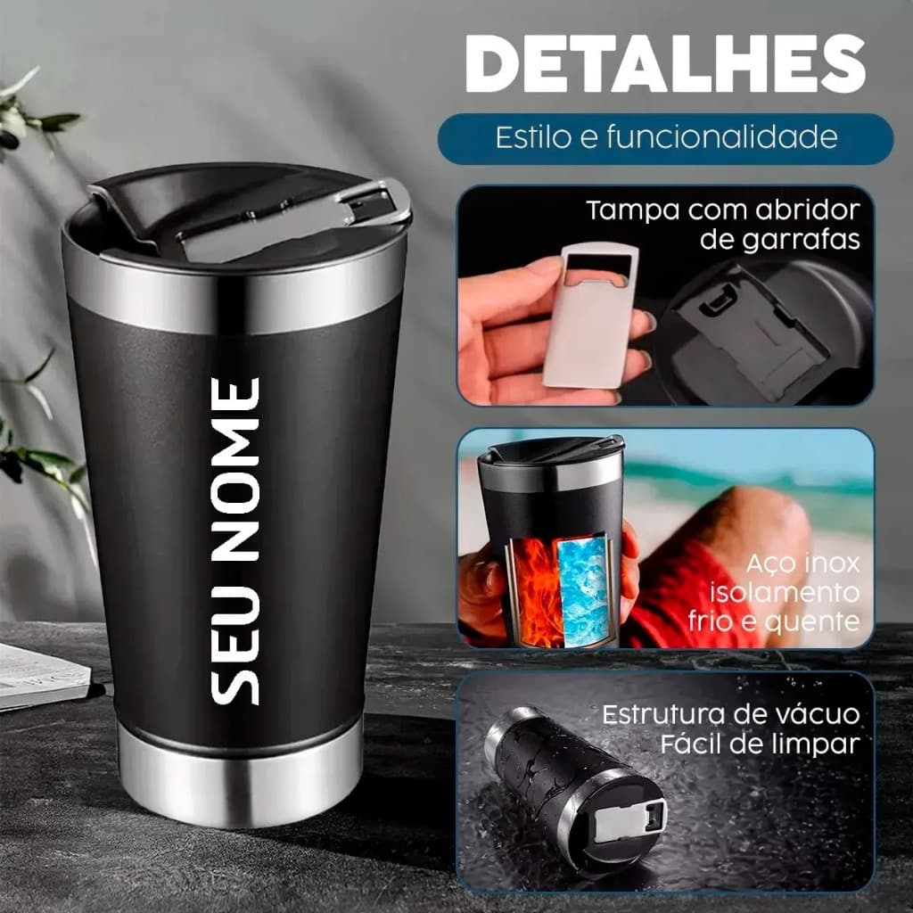 Copo Térmico Personalizado Com Nome Logo Time Tampa E Abridor Inox Presente 473ml