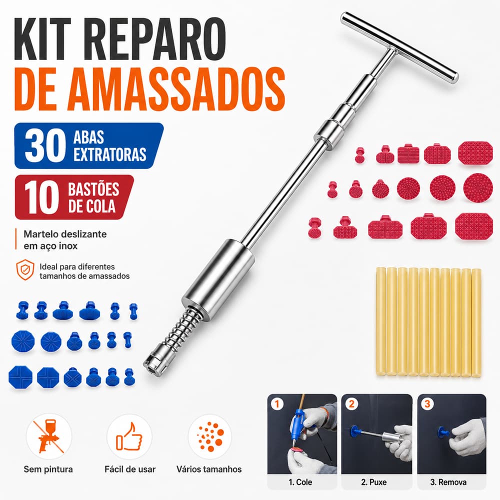 Kit para reparo de amassados ​​em carros, incluindo ferramenta manual em forma de T de alumínio, 30 calços e 10 bastões