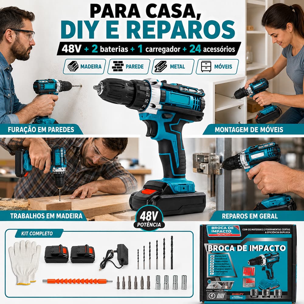 Furadeira Parafusadeira Sem Fio 48V 2 Baterias Carregador 24 Acessórios Maleta Uso Doméstico