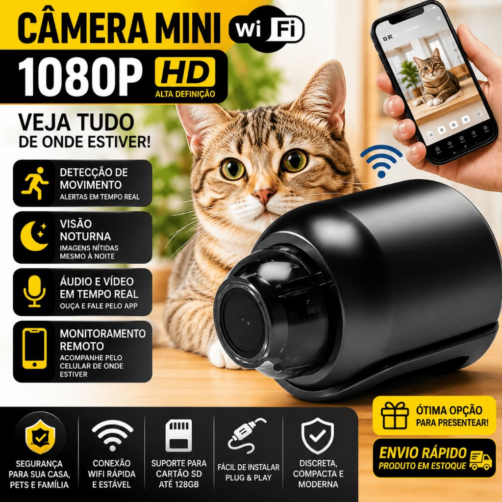 Mini Câmera X5 WiFi HD 1080P Visão Noturna Monitoramento Remoto para Pets e Bebês