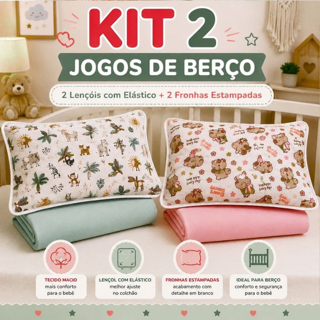 Kit 2 Jogo Lençol Para Berço 2 Lençol Liso Elástico + 2 Fronha Estampada 100% Algodão Menino E Menina