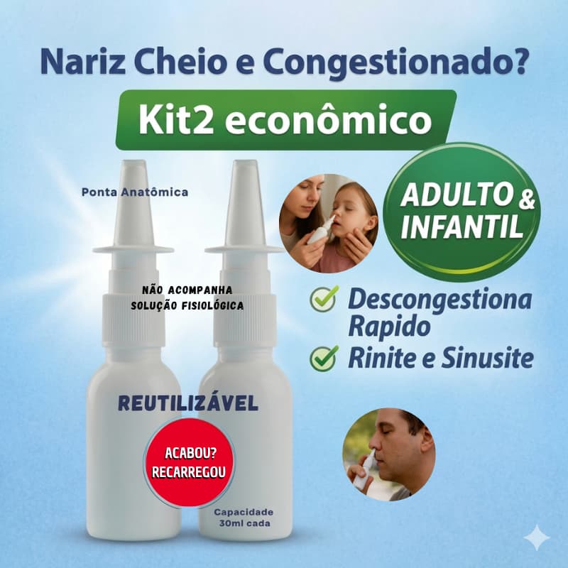 Spray Nasal Reutilizável Nariz Entupido 2 Válvulas + Frascos Rinite Adulto Infantil Limpeza Nasal
