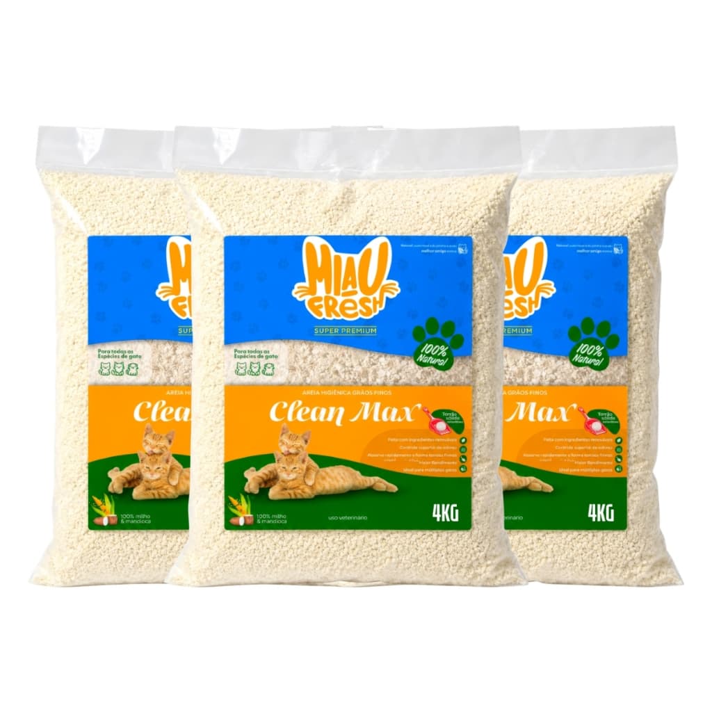 Kit 3 Areia Higiênica Biodegradável 4Kg  Mandioca E Milho P/ Gatos Controle De Odores Torrão - Variações