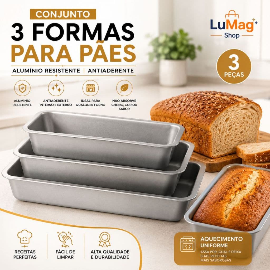 Kit 3 Formas Assadeiras para Pão e Bolo de Alumínio | Antiaderente | 3 Tamanhos
