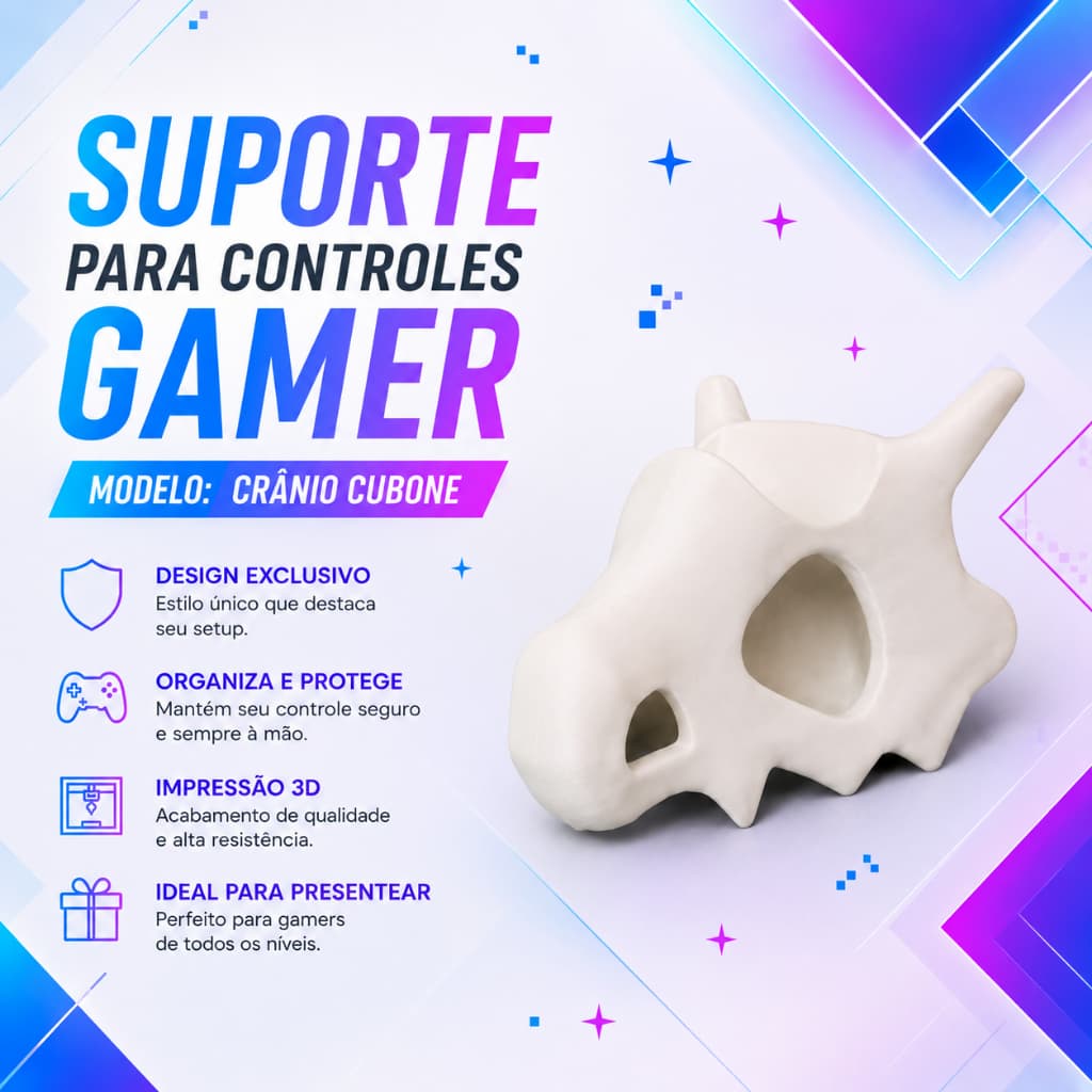 Suporte para Controle Gamer Crânio Cubone em Impressão 3D Organizador de Mesa