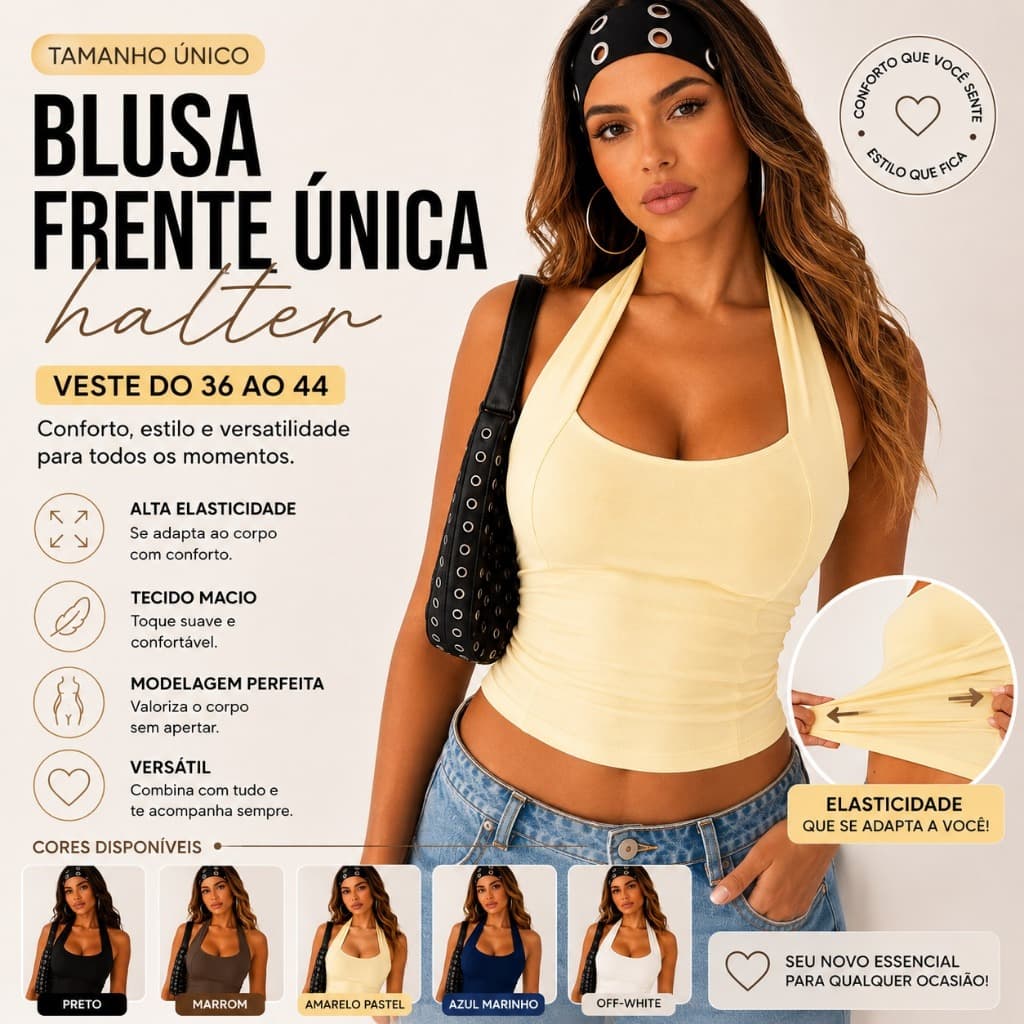 Blusa Feminina Antonella Top Halter Cropped Decote Frente Única Alta Compressão Costas Nua Moda Verão Casual
