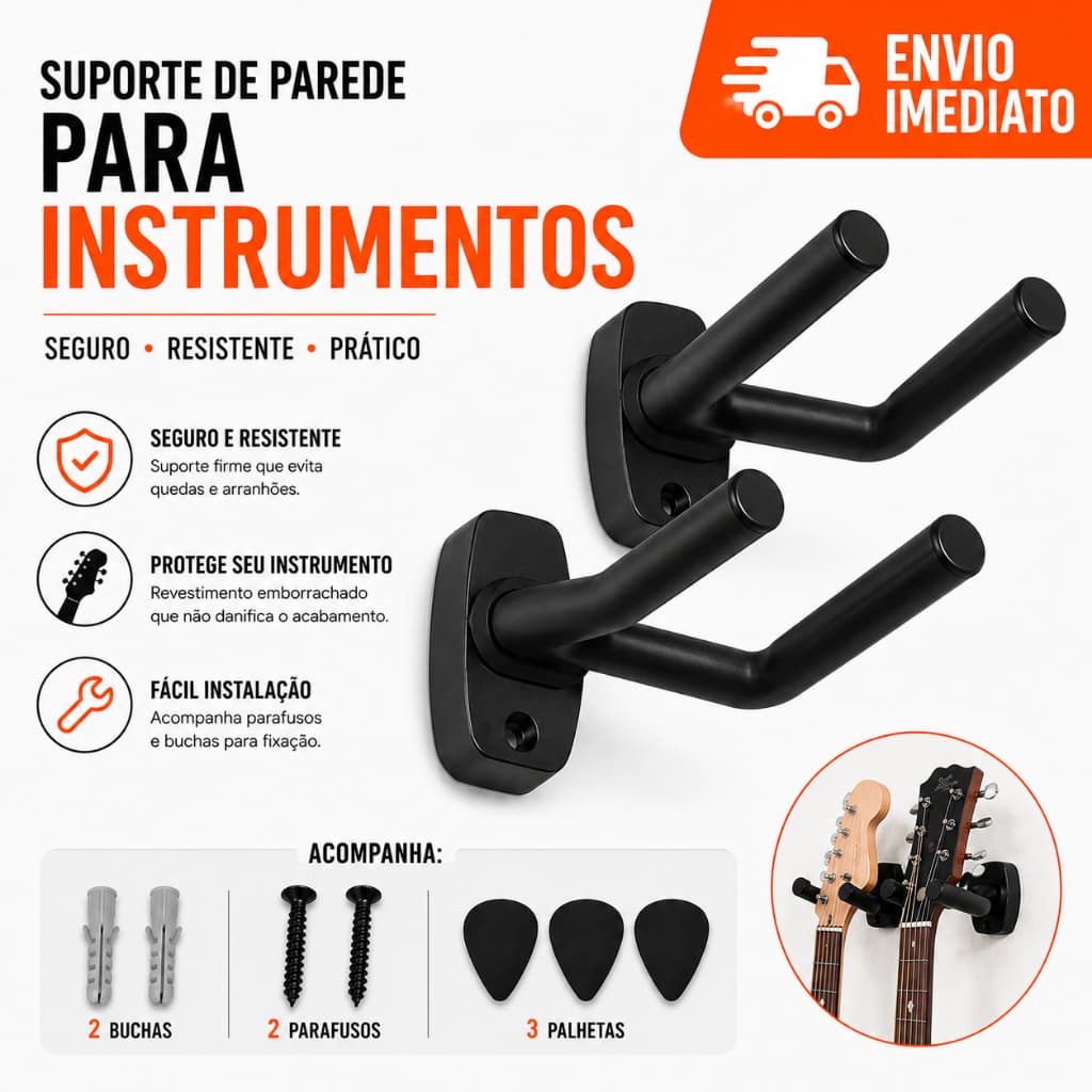 Kit C/ 02 Suporte Violão Guitarra Ajustável Emborrachado Importado + 6 palhetas