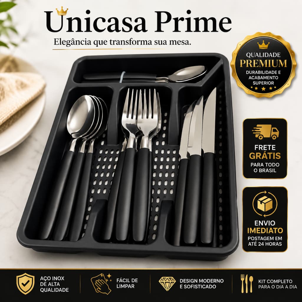Conjunto Faqueiro 17 Peças Porta Talher Preto Inox Mesa Jantar Organizador