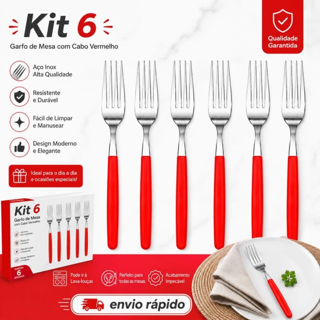 Kit 6 Garfos Inox Cabo Plástico Vermelho Preto Talheres para Cozinha e Restaurante