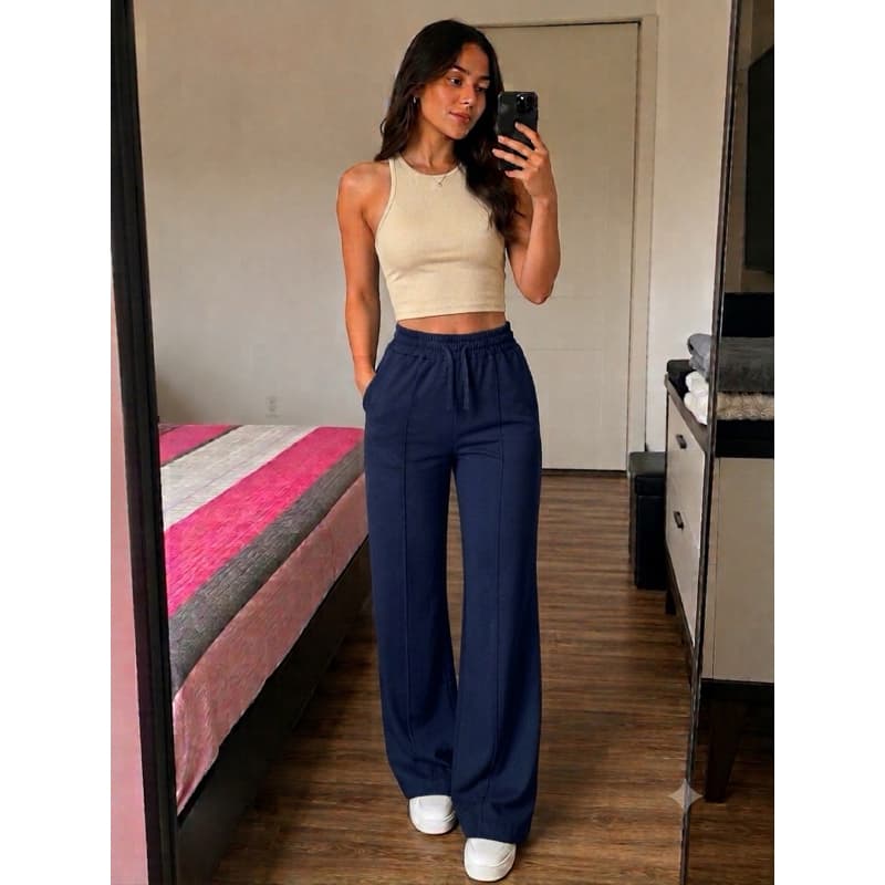 Calça Pantalona Duna Wide Leg Cintura Alta Com Bolso Com Elastico Tendencia