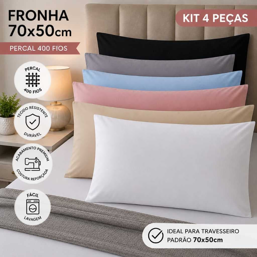 Kit 4 Fronhas Brancas ou Coloridas Padrão Hotel para Travesseiro 70x50,Percal400 fios,50x70,Promoção