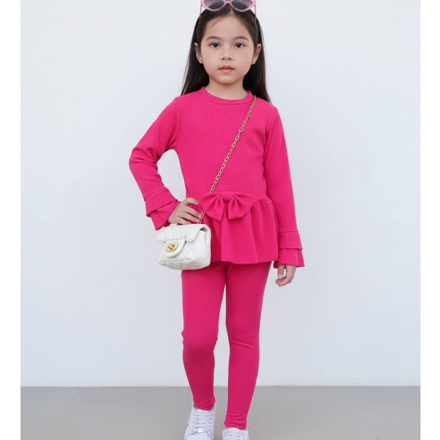 Conjunto Canelado Infantil Menina Blusa Manga Longa com Laço e Caça Para Frio Festa