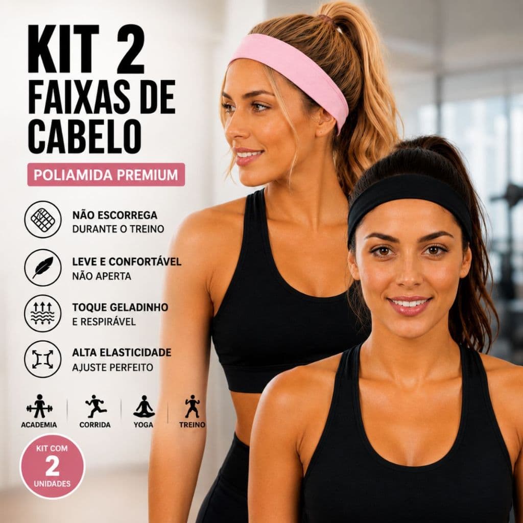 Kit 2 Faixas de Cabelo Feminina Academia Não Escorrega Poliamida Confortável Fitness Corrida Treino Yoga
