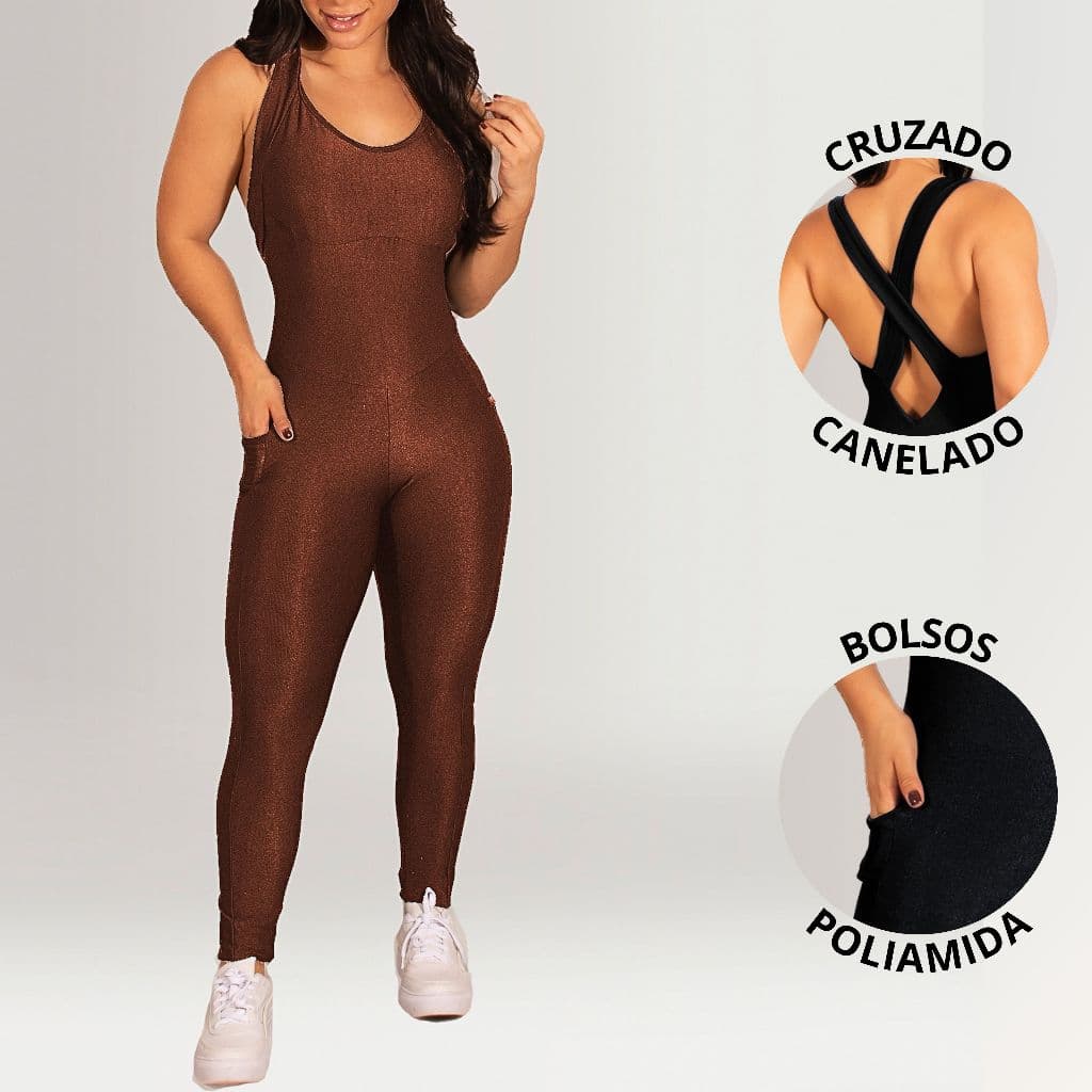 Macacão Canelado em Poliamida Feminino para Academia com Bolsos