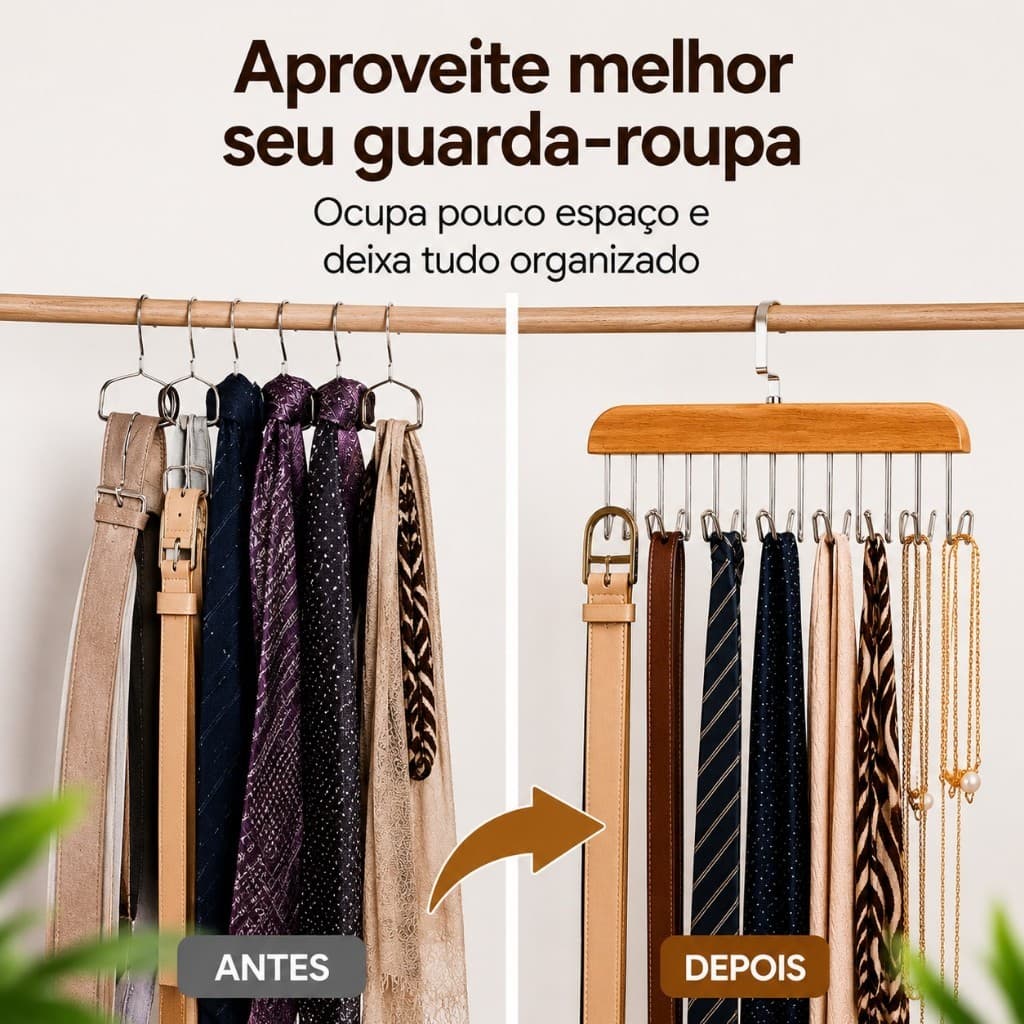 Cabide de Madeira Premium Multiuso Organizador Com 8 Gancho Para Calça Cintos Gravatas Cachecóis Sutiãs Presilha