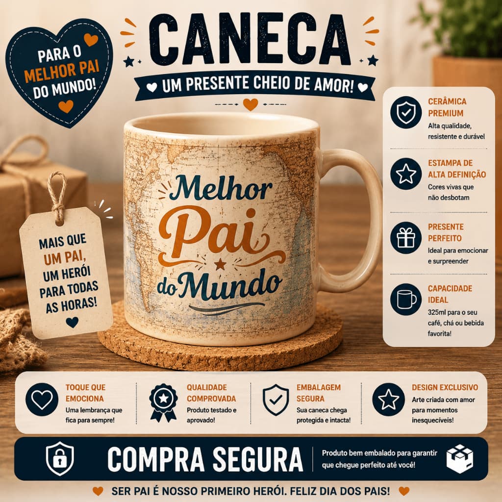 Caneca Melhor Pai do Mundo Presente Dia dos Pais Papai Especial Café Chá porcelana 325ml