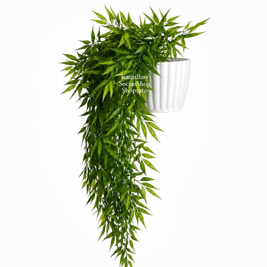 Planta Decorativa: Vasos Branco Sortido Médio + Pendentes Artificial Folhas De Bambu