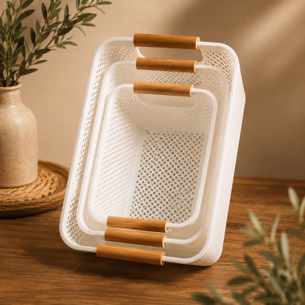 Kit Cesto organizador com alças em bambu – Multiuso para casa, banheiro, lavanderia e escritório