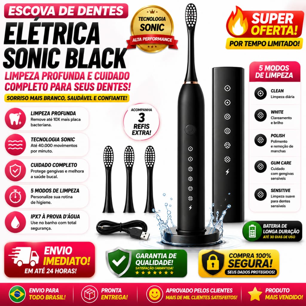 Escova Dental Elétrica Recarregável USB C A prova de Àgua com 6 Modos e 4 Refil IPX7 (Cores Sortidas)