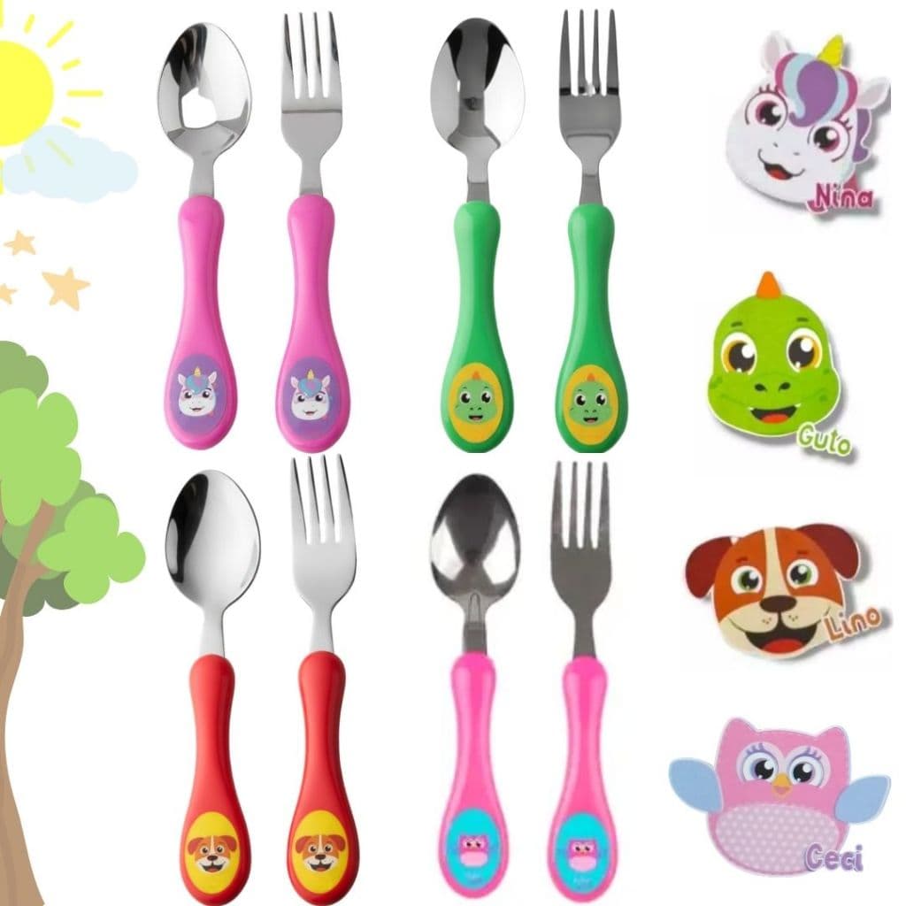 Talher Infantil Bebe Garfo E Colher Inox Plástico Desenho Coruja Unicórnio Cachorro Dinossauro