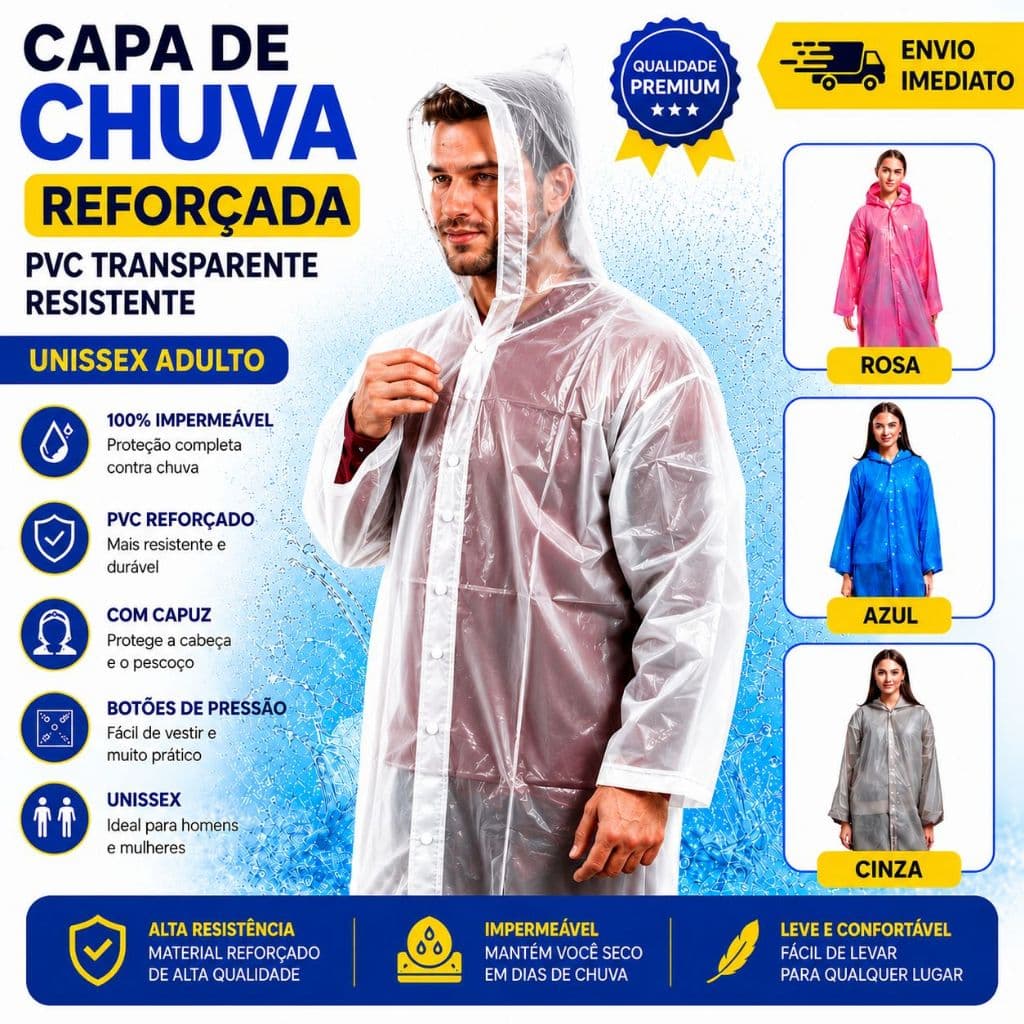 Capa Chuva Reforçada Pvc Transparente Resistente Unissex Adulto