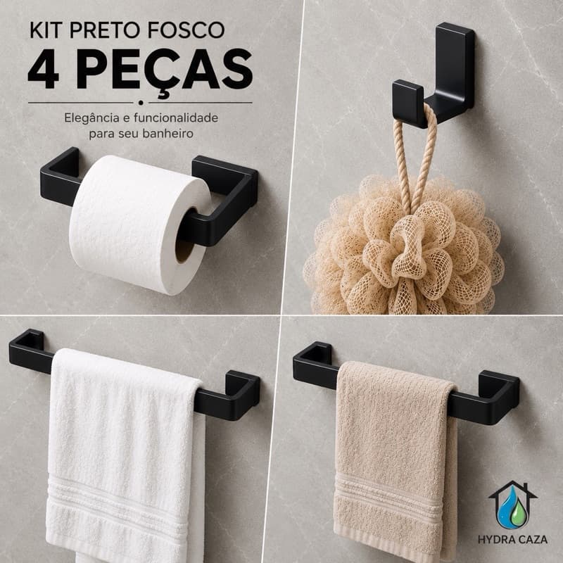 kit Acessórios Banheiro Preto Fosco Aluminio 4 Peças Luxo Porta Toalha Suporte Papel Higienico