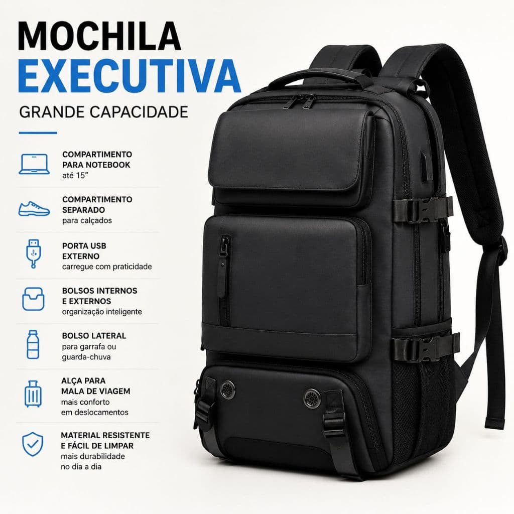 Mochila Executiva Masculina Notebook 15" Grande Capacidade USB Porta Sapato Viagem Trabalho