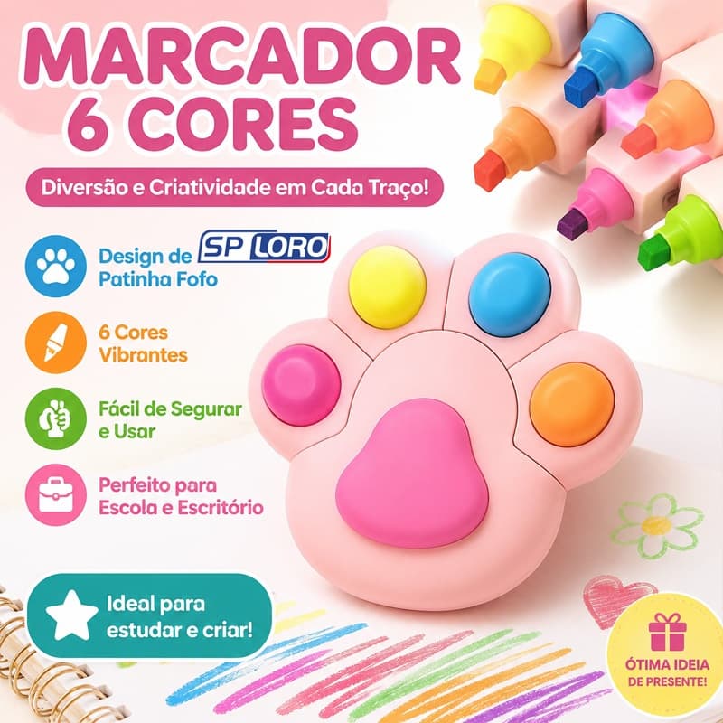 Marca Texto Patinha de Gato 4 Cores Fluorescentes em 1 Design Fofo e Cores Suaves para Planner e Marcação de Texto 900