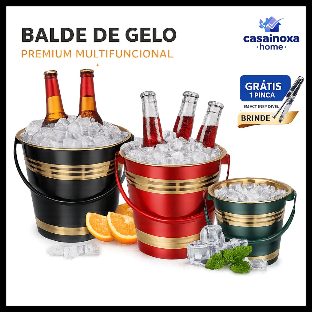 Balde de Gelo Luxo Colorido com Detalhe Dourado para Bebidas e Festas - Inox