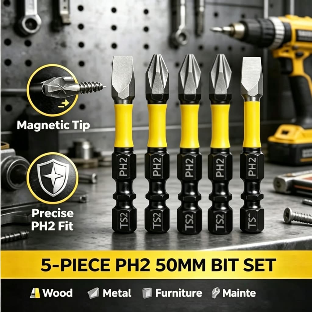 Kit 5 Bits Magnéticos PH2 50mm - Aço Reforçado para Parafusadeira de Impacto