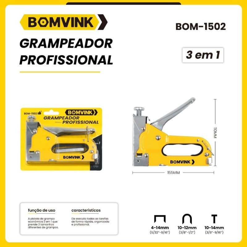 Grampeador De Tapeceiro Pinador 4-14 mm Alta Pressão 3 Em 1 Durável Resistente Profissional BOM-1502