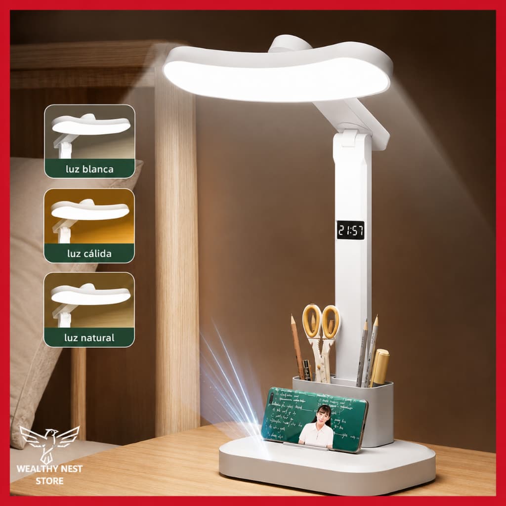 Luminária De Mesa LED Com Relógio Digital Display Recarregável E Porta Canetas Multifuncional Para Quarto, Escritório