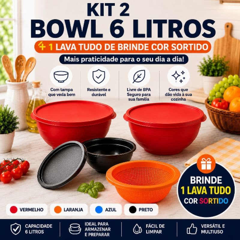 Kit Bowls Saladeiras Grandes 6 Litros 2 Un. Plasticos Resistente Bacia C/ Tampa Tigela Informações Avantpr