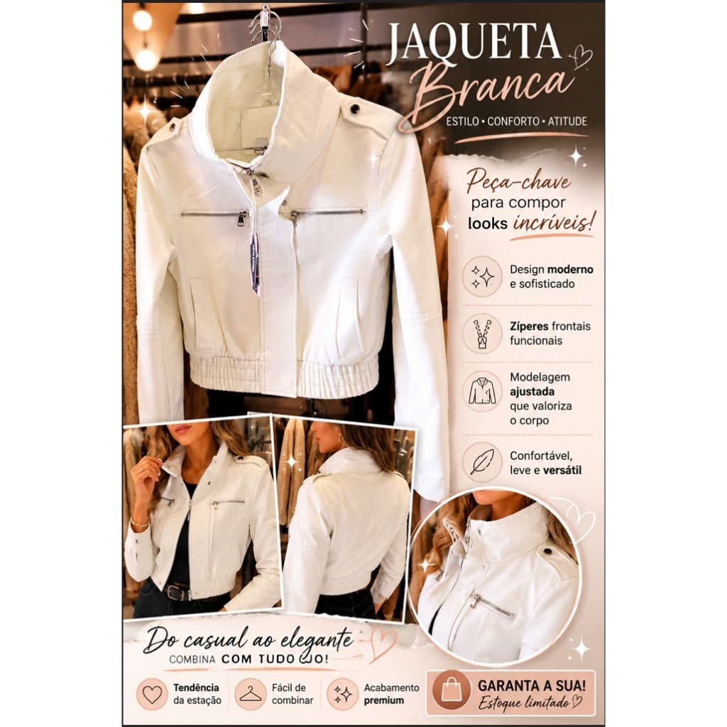 Jaqueta Feminina Branca Gola Alta com Zíper – Moderna, Elegante e Versátil