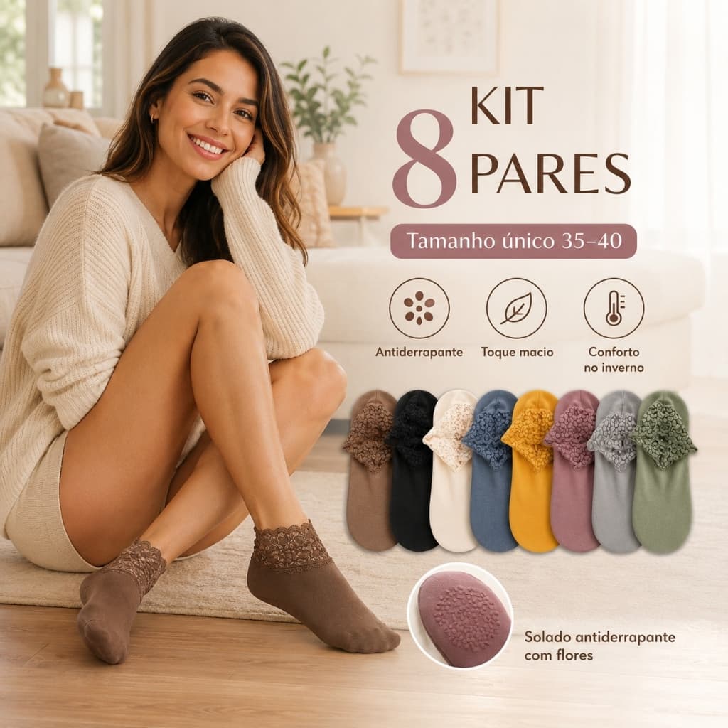 Kit 5 Pares Meia Curta Feminina Renda Sola Antiderrapante