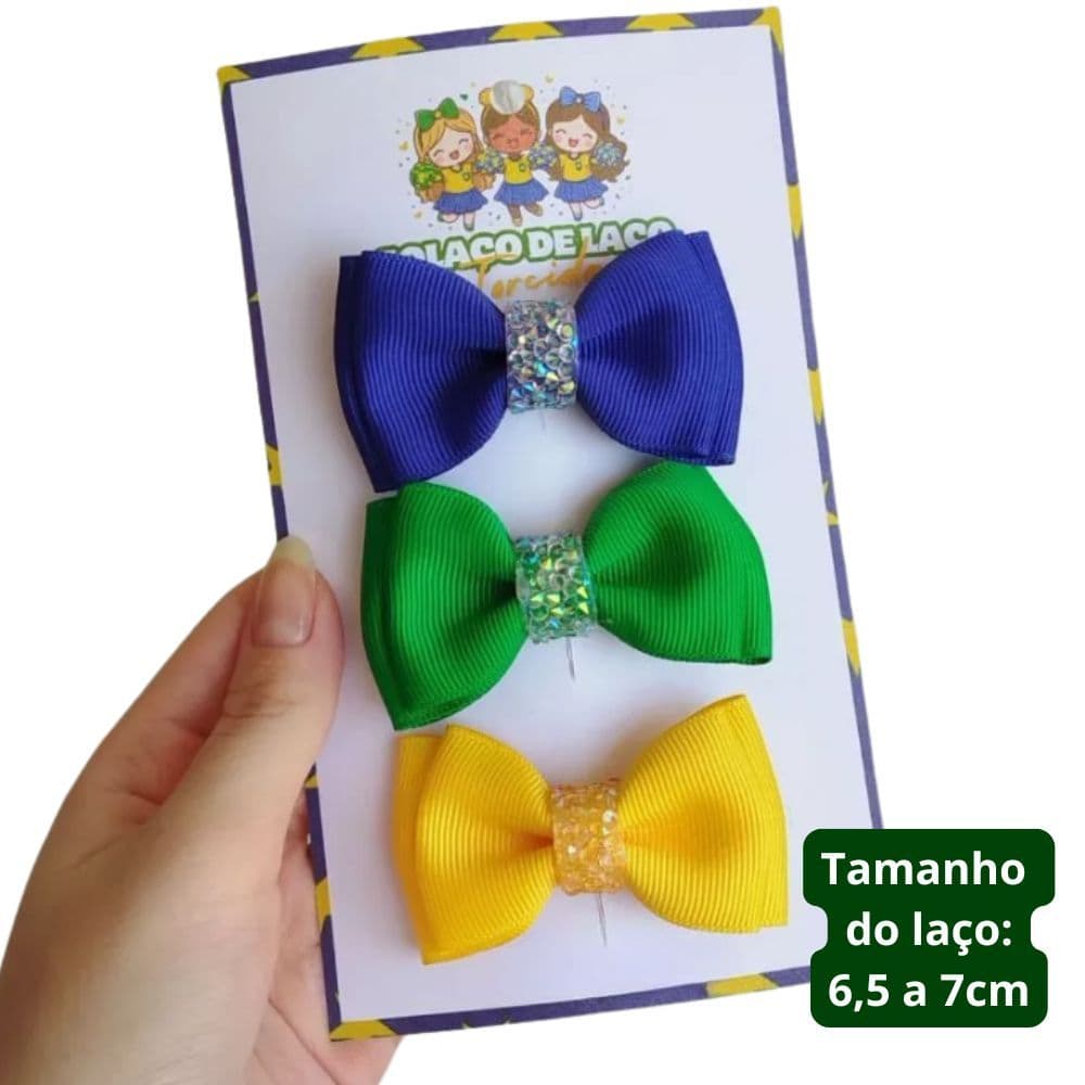 Kit com 3 Lacinhos Infantil  Duplinha ou Faixinha Bebê Menina Laço Verde Azul Amarelo Torcida Brasil