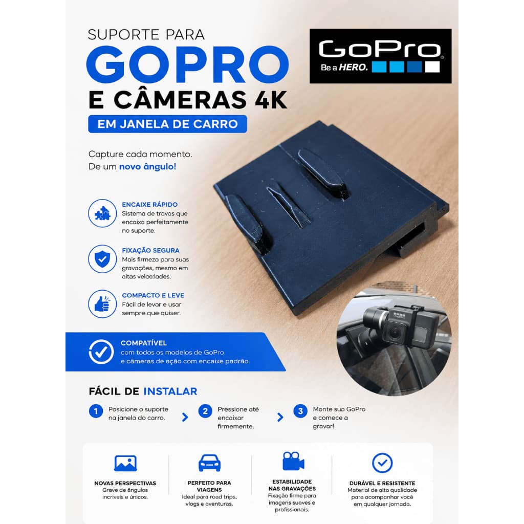 Suporte Para GoPro Em Janela De Carro Encaixe Seguro Não Cai - GoPro Universal - 4K - Fixo Seguro Sem Ventosa