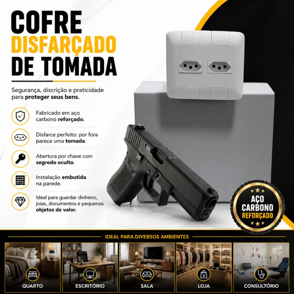 Cofre Camuflado para Embutir na Parede, Formato Tomada Secreto p Dinheiro, Armas, Joias e Documentos