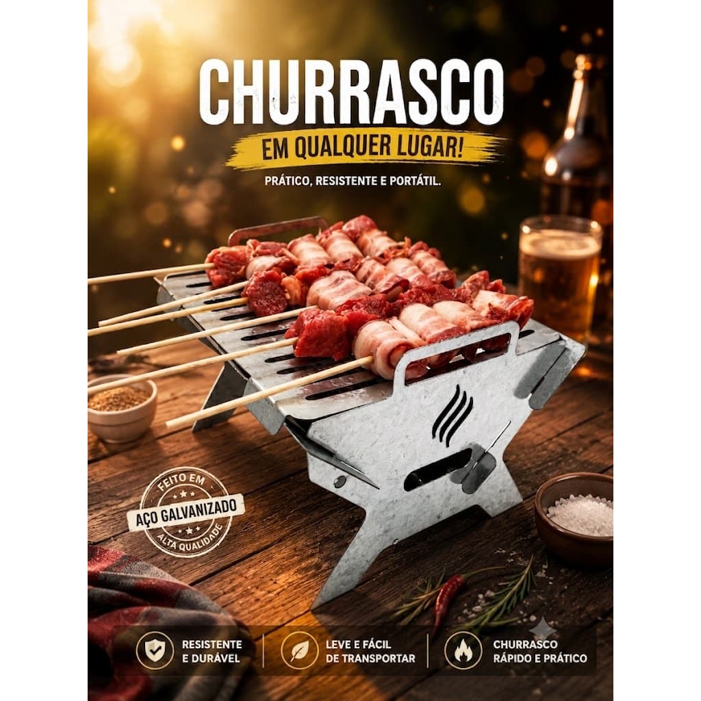 CHURRASQUEIRA PORTÁTIL MINI DESMONTÁVEL CABE 6 ESPETOS MALETA CAMPING PESCA APARTAMENTO