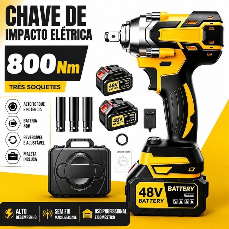 Chave de Impacto 48V Eletrica 800NM Parafusadeira Furadeira Brushless 48V 2 Baterias kit ferramentas completo 125