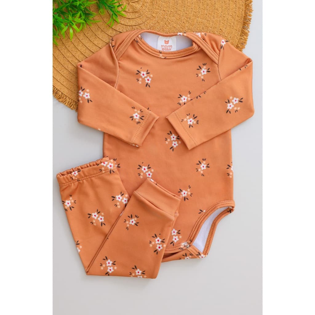 Conjunto Térmico Quentinho Bebê Pagão Longo Inverno Menina Marrom com Estampa de Flores