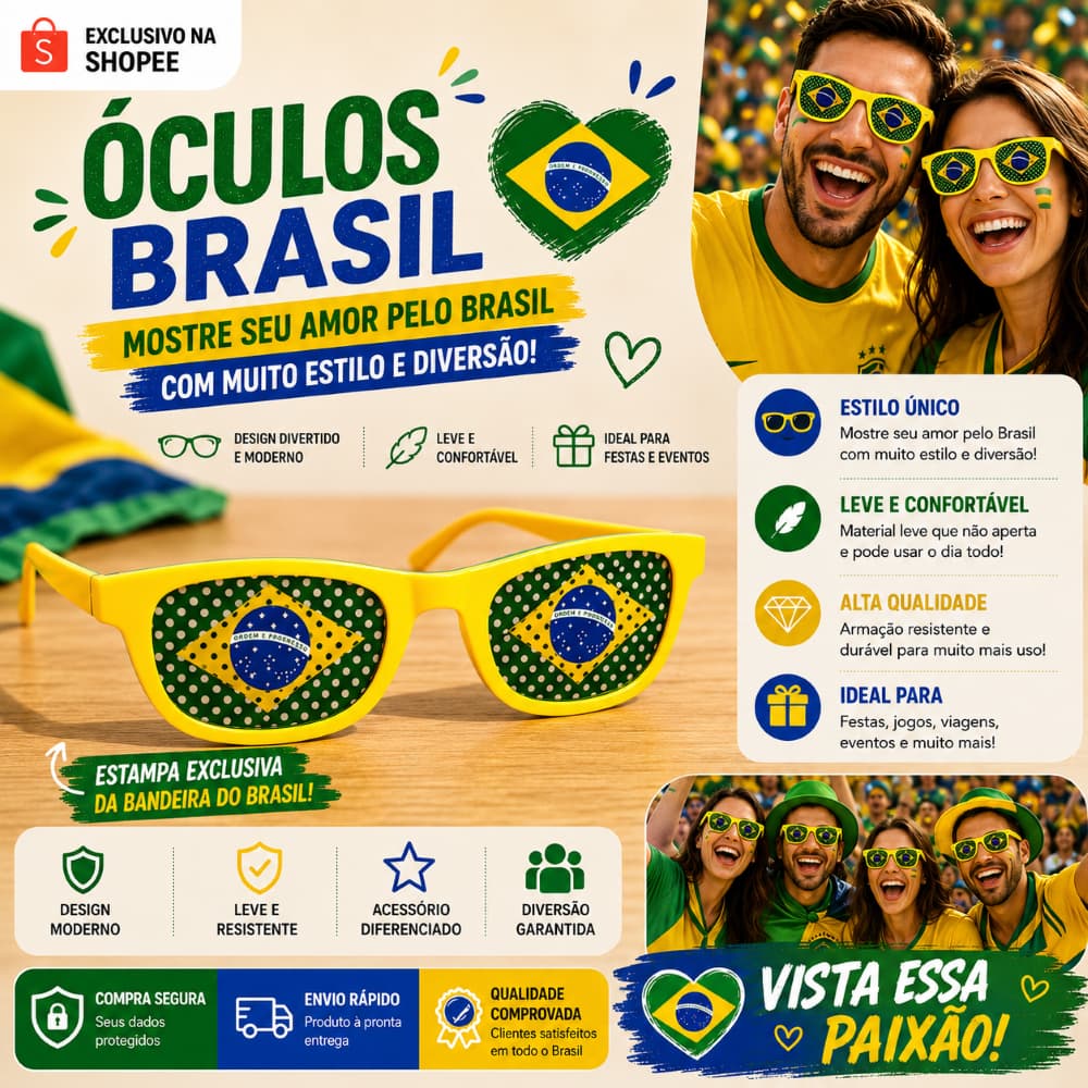 Óculos Brasil Copa do Mundo - Torcida e Eventos Verde e Amarelo