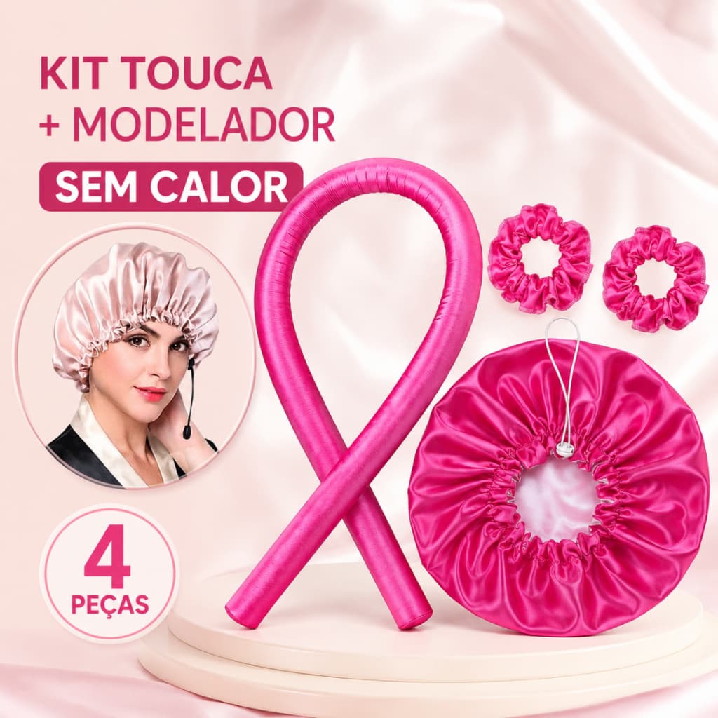 Kit Touca de Cetim com Regulador Antifrizz + Modelador de Cachos Sem Fonte de Calor + 2 Xuxinhas