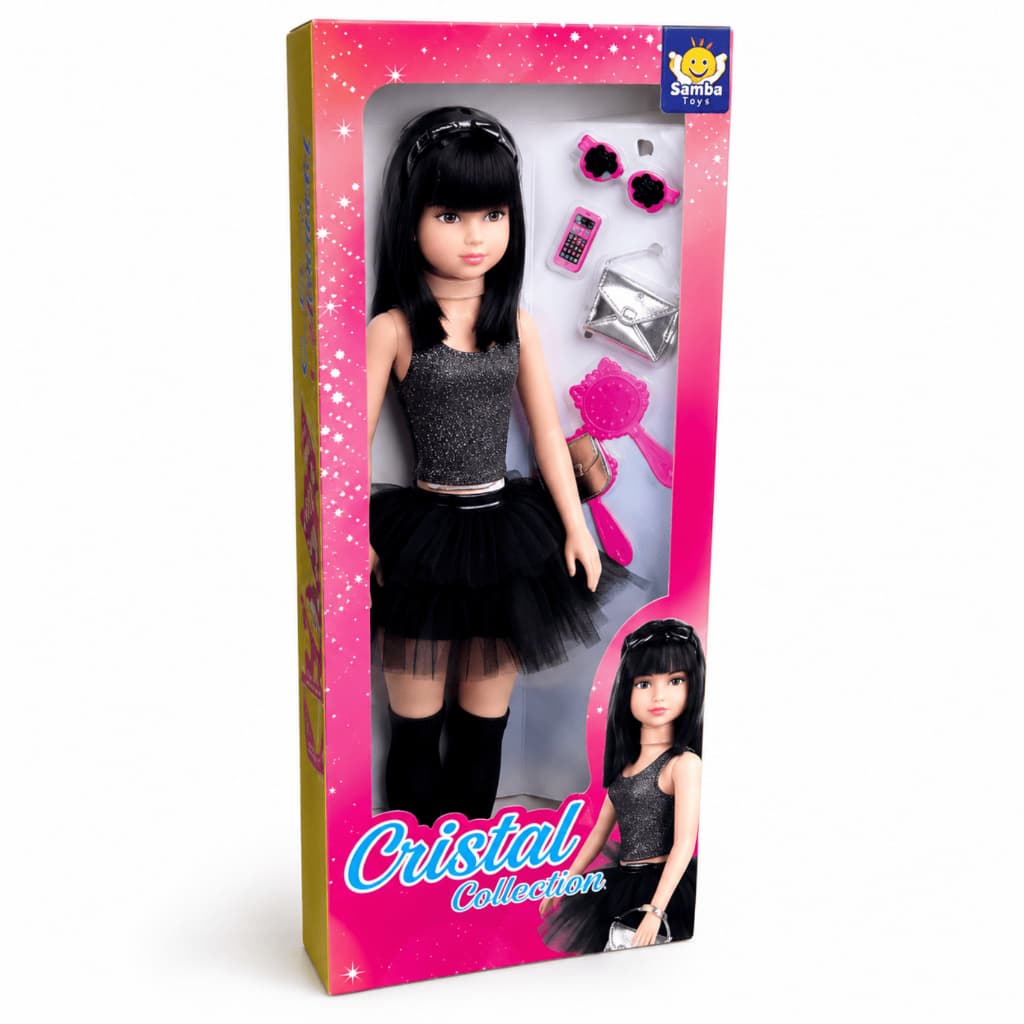 Boneca Cristal Collection Night com Bolsa Celular Espelho Escova e Acessórios Fashion Infantil