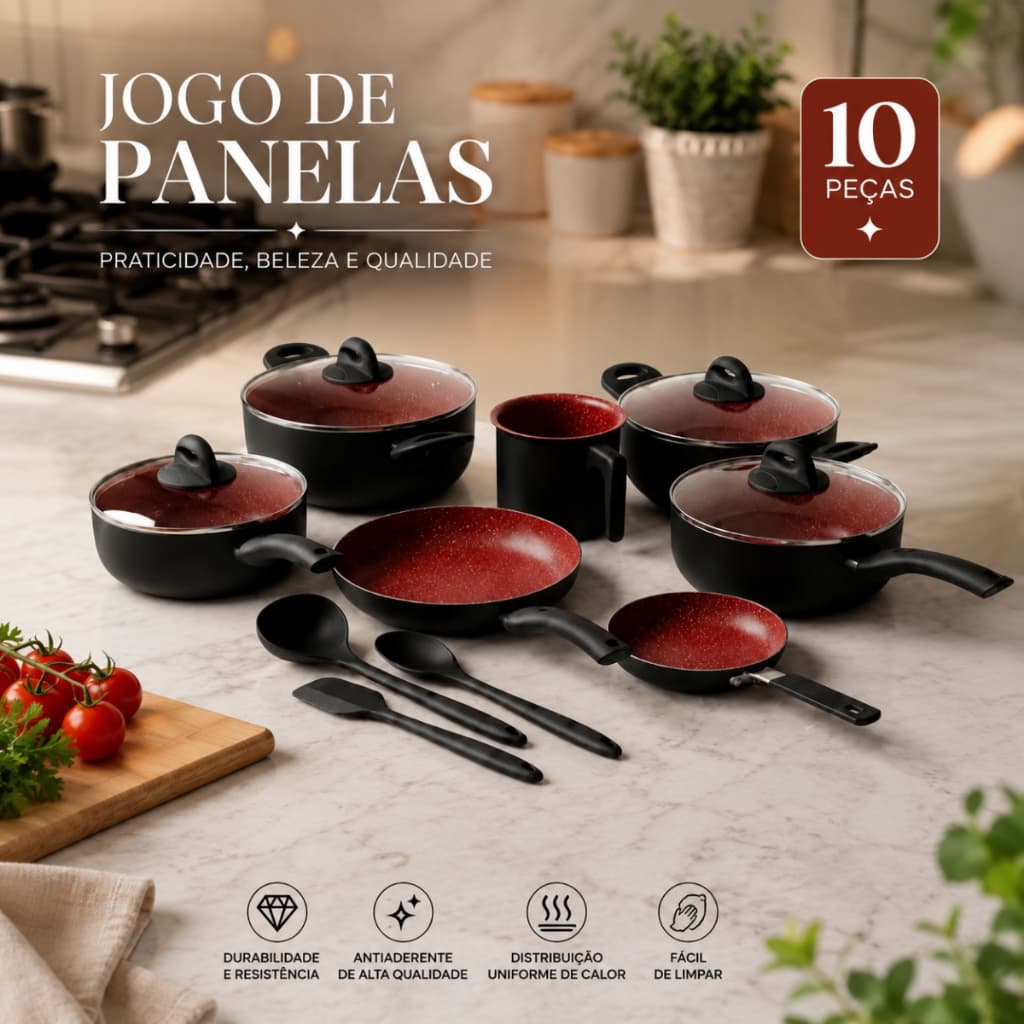 Jogo de Panelas Antiaderente 10 Peças com Tampa de Vidro Panelas Revestimento Granito para Fogão
