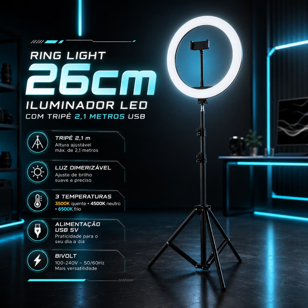 Ring Light 10" 26cm LED com Tripé 2,1m Suporte para Celular USB Maquiagem Fotos Vídeos