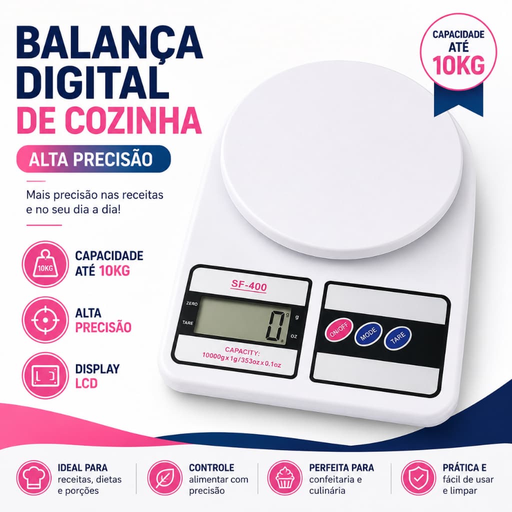 Balança Digital Cozinha 10kg Alta Precisão LCD Eletrônica Para Alimentos Dieta Receitas Confeitaria