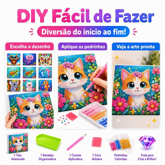 Kit Pintura Diamante 5D Infantil DIY 12 Modelos Pedrinhas Strass Brilhante Artesanato Presente Criança