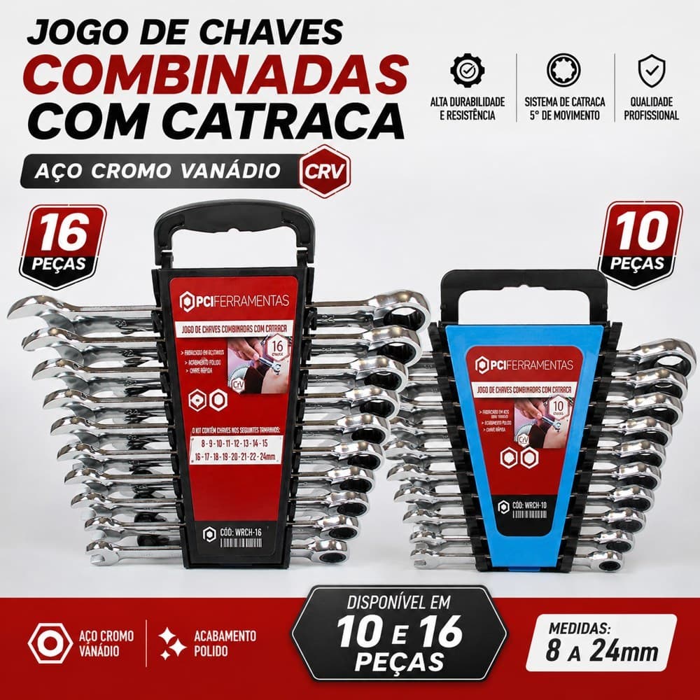 Jogo de Chaves Combinadas com Catraca Aço Cromo Vanádio CR-V Kit 10 ou 16 Peças