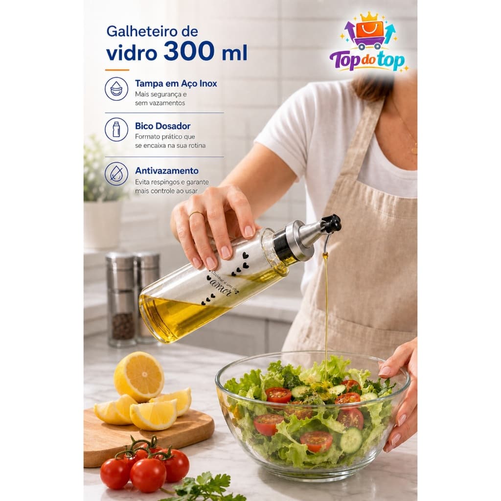 Galheteiro Vidro 300ml Aço Inox Dosador - Azeite, Vinagre, Molhos. Antivazamento
